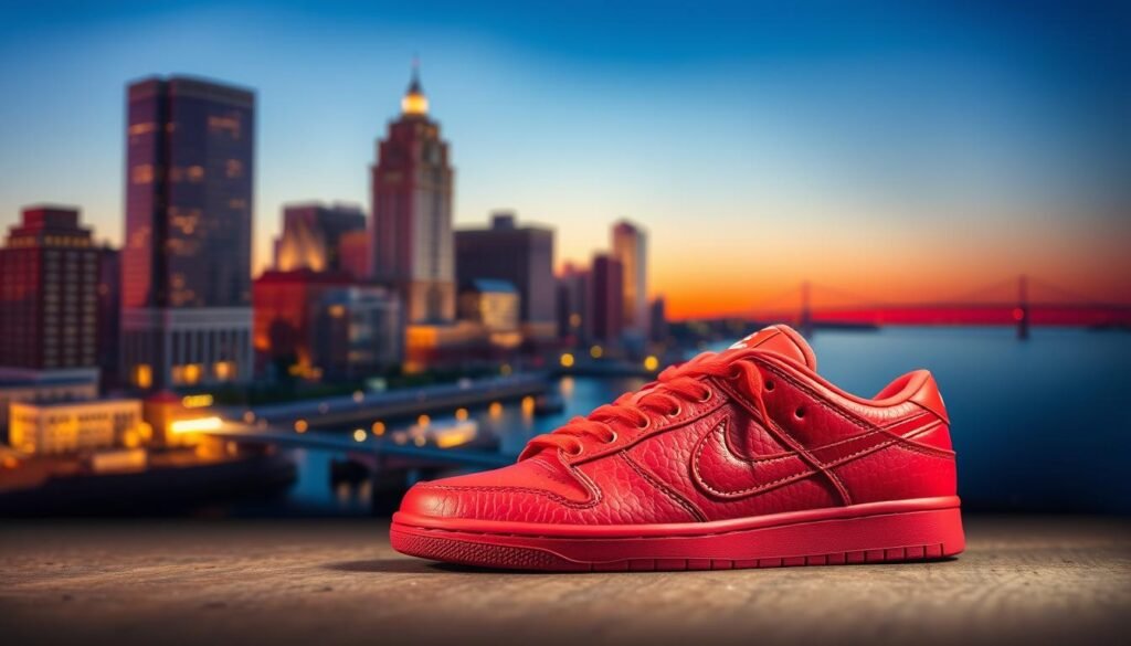 A vibrant scene depicting the Concepts x Nike SB collaboration with a focus on the "Red Lobster" theme. In the foreground, a pair of iconic red Nike SB sneakers with lobster-inspired features such as a textured, shell-like surface and subtle marine accents. In the middle ground, an abstract representation of Boston's urban landscape, featuring notable landmarks subtly highlighted, like the Zakim Bridge, under soft golden hour lighting, creating an inviting atmosphere. The background showcases a smooth gradient of marine colors, blending from deep ocean blue to sunset orange. This setting evokes a sense of nostalgia and excitement around sneaker culture. The overall mood is dynamic yet sophisticated, capturing the essence of a city steeped in sneaker lore and community spirit.