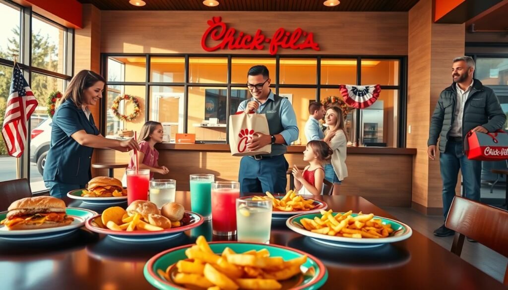 A vibrant scene showcasing different ways to order food from a Chick-fil-A restaurant on Memorial Day. In the foreground, a neatly set dining table with delicious Chick-fil-A meals, including sandwiches, fries, and lemonade, all presented attractively on colorful plates. In the middle ground, a friendly employee in a smart uniform is handing a takeout bag to a happy family at a counter, depicting takeout service. To the side, a delivery person in casual, professional attire is preparing to leave with a food order. The background shows the exterior of a Chick-fil-A restaurant adorned with American flags and festive Memorial Day decorations. Warm, natural lighting filters through large windows, creating an inviting atmosphere, with a focus on family-friendly dining. The image captures the excitement of enjoying flavors on Memorial Day with various ordering options.