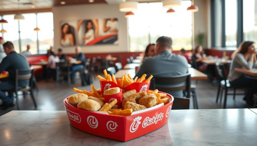 A vibrant scene showcasing the iconic Heart Tray used by Chick-fil-A, placed prominently in the foreground. The tray, filled with perfectly arranged chicken sandwiches and waffle fries, captivates with its cheerful red and white colors, reflecting the brand's warmth. In the middle ground, a well-lit, bustling Chick-fil-A restaurant with patrons enjoying their meals at tastefully designed tables, featuring a family enjoying their time together, dressed in casual attire. The background reveals a clear window displaying a sunny day, hinting at the restaurant's welcoming atmosphere. Soft, natural light streams in, enhancing the lively mood of community and togetherness. Capture this moment with a wide-angle lens, emphasizing the heartwarming environment without any text or distractions.