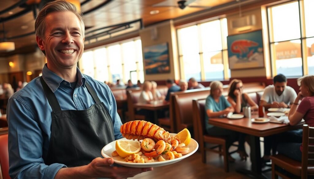 A vibrant seafood restaurant scene showcasing a Red Lobster interior, with cozy booths and rustic wooden tables adorned with fresh seafood platters. In the foreground, a cheerful server wearing a crisp blue shirt and black apron presents a $15 special dish featuring a colorful lobster tail and shrimp with a wedge of lemon. In the middle, groups of patrons, a diverse mix of families and friends, enjoy their meals and engage in lively conversations. Large windows in the background let in warm, golden lighting, highlighting the nautical decor and inviting atmosphere. The ocean-themed art on the walls further enhances the mood of a casual yet lively dining experience. Capture the ambiance in a wide-angle shot to emphasize the bustling restaurant vibe.
