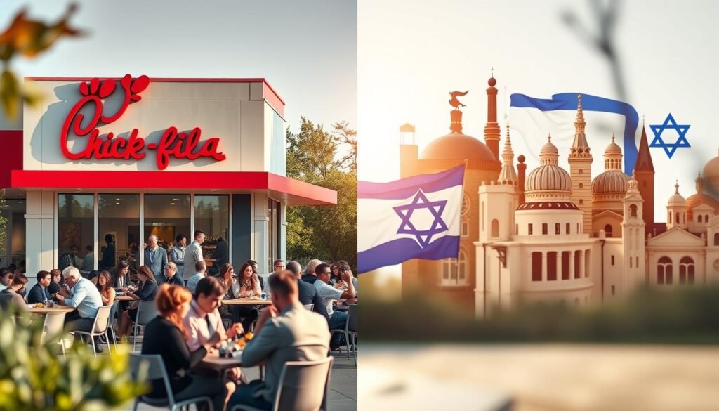 A vibrant split-scene illustrating the theme of "Does Chick-fil-A support Israel?" On the left, depict a Chick-fil-A restaurant with a modern architectural style, showcasing the iconic red and white color scheme, bustling with customers in professional business attire enjoying their meals. On the right, show a collage of symbols representing Israel, such as the flag and cultural landmarks, gently fading into the scene. The background captures a serene outdoor atmosphere with soft sunlight illuminating both sides, creating a balanced contrast. Use a shallow depth of field to emphasize the foreground elements while keeping the mid-ground slightly blurred. The overall mood should provoke curiosity and contemplation, inviting viewers to explore the topic further.
