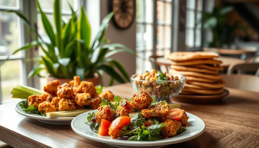A vibrant table set in a bright, airy environment showcasing an appealing selection of vegan food options. In the foreground, place a beautifully arranged platter featuring crispy cauliflower wings tossed in a spicy sauce and a side of fresh celery sticks. Beside it, a colorful salad with mixed greens, cherry tomatoes, avocado slices, and a tangy vinaigrette dressing. In the middle ground, display a stylish bowl of chickpea salad and a stack of warm, fluffy pita bread. The background features a cozy cafe-like setting with green plants and soft natural light coming through large windows, creating an inviting atmosphere. Use a shallow depth of field to softly blur the background, focusing on the delicious vegan dishes that emphasize freshness and creativity.