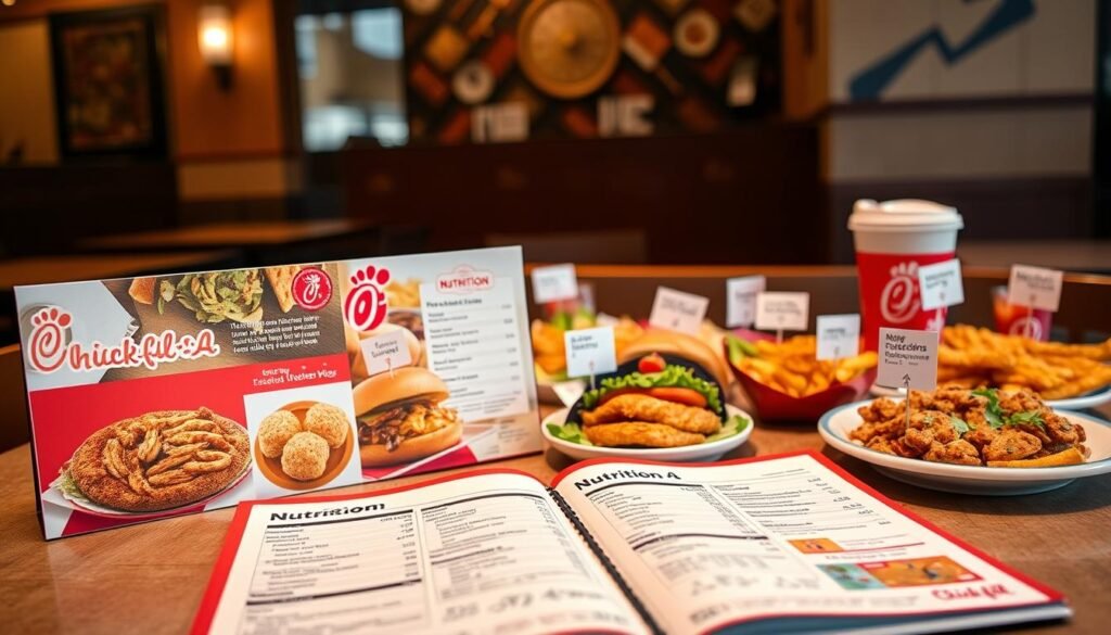 A visually appealing display of a restaurant menu focused on nutrition and allergen information. In the foreground, a neatly arranged table featuring a colorful Chick-fil-A menu open to the nutrition section, highlighting various food items with clear details about their ingredients and allergens. The middle layer showcases appetizing food items from the menu, such as crispy chicken sandwiches, salads, and sides, artfully arranged with ingredient labels next to them. The background contains a cozy dining atmosphere, softly lit by warm tones to create an inviting mood. The setting reflects transparency in food choices, encouraging viewers to consider their dietary needs. Capture this scene with a slightly elevated angle to highlight the menu details and dishes clearly. A visually appealing display of a restaurant menu focused on nutrition and allergen information. In the foreground, a neatly arranged table featuring a colorful Chick-fil-A menu open to the nutrition section, highlighting various food items with clear details about their ingredients and allergens. The middle layer showcases appetizing food items from the menu, such as crispy chicken sandwiches, salads, and sides, artfully arranged with ingredient labels next to them. The background contains a cozy dining atmosphere, softly lit by warm tones to create an inviting mood. The setting reflects transparency in food choices, encouraging viewers to consider their dietary needs. Capture this scene with a slightly elevated angle to highlight the menu details and dishes clearly.
