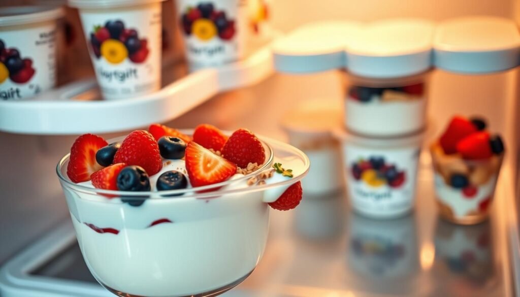 A visually appealing kitchen scene featuring a well-organized yogurt storage area. In the foreground, focus on a clear glass container filled with creamy, fresh yogurt topped with vibrant berries and crunchy granola, elegantly arranged. The middle ground showcases a refrigerator shelf with neatly labeled yogurt containers, some opened with visible layers of fruit and toppings, looking fresh and inviting. The background includes soft, warm kitchen lighting that enhances the freshness of the yogurt while casting gentle shadows. The composition conveys a sense of cleanliness and order, evoking a cozy, homely atmosphere ideal for preserving leftovers. The angle is slightly overhead, allowing for a comprehensive view of the yogurt setup without distractions.