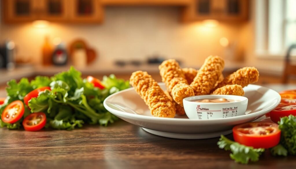 A visually appealing scene showcasing nutrition information for Chick-fil-A Chick-n-Strips. In the foreground, include a clean, elegant plate of crispy Chick-n-Strips arranged beautifully with a dipping sauce. Next to the plate, feature a neatly designed nutrition label with clear information on calories, fats, proteins, and ingredients. The middle ground should display colorful vegetables framing the dish, such as fresh greens and sliced tomatoes, emphasizing a healthy balance. In the background, a soft-focus kitchen setting with warm, inviting lighting that suggests a cozy dining atmosphere. Use a shallow depth of field to keep the focus on the meal and nutrition label, creating a clean, professional look. The overall mood should be informative yet appetizing, encouraging readers to consider the nutritional aspects while enjoying this tasty treat.