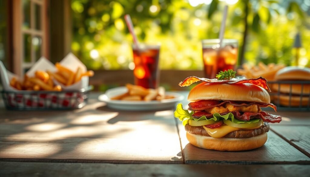 A visually appealing summer menu display for Chick-fil-A, featuring the Maple Pepper Bacon Sandwich prominently in the foreground on a rustic wooden table. The sandwich, with crispy bacon and fresh toppings, is garnished with a sprig of parsley, creating an inviting look. Surrounding the sandwich are colorful side items like waffle fries and a refreshing iced tea. In the middle ground, a cheerful summer scene includes blurred greenery and bright sunlight filtering through leaves, suggesting a warm, inviting atmosphere. Soft shadows play across the table, enhancing the textures of the food. The image captures a sense of summer joy and culinary delight with a warm, vibrant color palette, evoking feelings of comfort and deliciousness. The focus is sharp on the food, with a shallow depth of field that softly blurs the background.