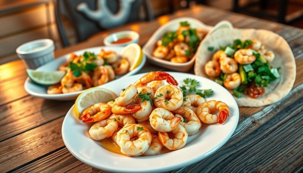 A visually appealing top-down view of a well-arranged seafood platter featuring an assortment of shrimp dishes, including shrimp scampi and shrimp tacos, artistically garnished with lemon wedges and fresh herbs. In the foreground, a white plate holds succulent grilled shrimp drizzled with garlic butter, while nearby, a vibrant taco with shrimp, sliced avocados, and cilantro on a rustic wooden table captures attention. The middle ground showcases a condiments dish with lime slices and spicy sauce, enhancing the culinary experience. In the background, a cozy, softly lit restaurant setting with a hint of ocean-themed decor adds warmth and atmosphere, inviting viewers to imagine enjoying a delightful dining experience. The scene is illuminated with warm, inviting lighting, creating a friendly and appetizing mood.