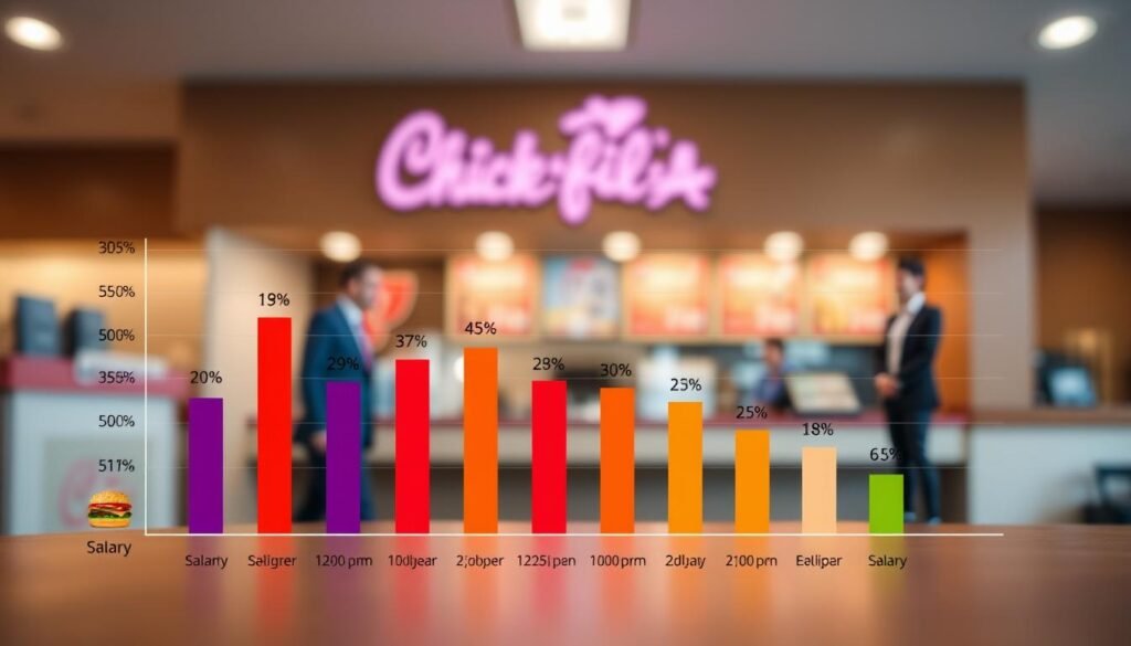 A visually engaging chart illustrating salary percentiles for Chick-fil-A workers, focusing on different experience levels and employer types. In the foreground, a clear, styled bar graph shows distinct percentiles ranging from entry-level to experienced workers, with vibrant colors to differentiate each group. The middle ground features subtle icons representing Chick-fil-A, such as a chicken sandwich and a worker in professional attire, symbolizing the context of employment. In the background, a blurred image of a Chick-fil-A store, creating a sense of place but ensuring the focus remains on the salary data. Soft, diffused lighting enhances the clarity of the graph, while a slight upward angle gives a dynamic perspective. The overall mood is informative yet engaging, perfect for an analytical exploration of wages.