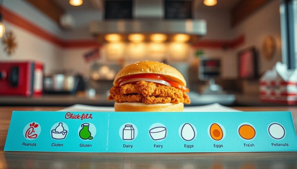 A visually engaging composition depicting "Allergen Information" for a Chick-fil-A Spicy Chicken Sandwich. In the foreground, a neatly arranged display of allergen icons, such as peanuts, gluten, dairy, and eggs, illustrated with colorful, easily recognizable symbols. The middle ground features a vibrant and appetizing Spicy Chicken Sandwich, showcasing its crispy exterior and fresh toppings, with light reflecting to emphasize its juiciness. In the background, a softly blurred kitchen setting conveys a hygienic, professional atmosphere, with warm, natural lighting creating an inviting mood. The overall scene should exude clarity and approachability, focusing on food safety and dietary considerations without clutter or distractions, ensuring the viewer understands the importance of allergen awareness.