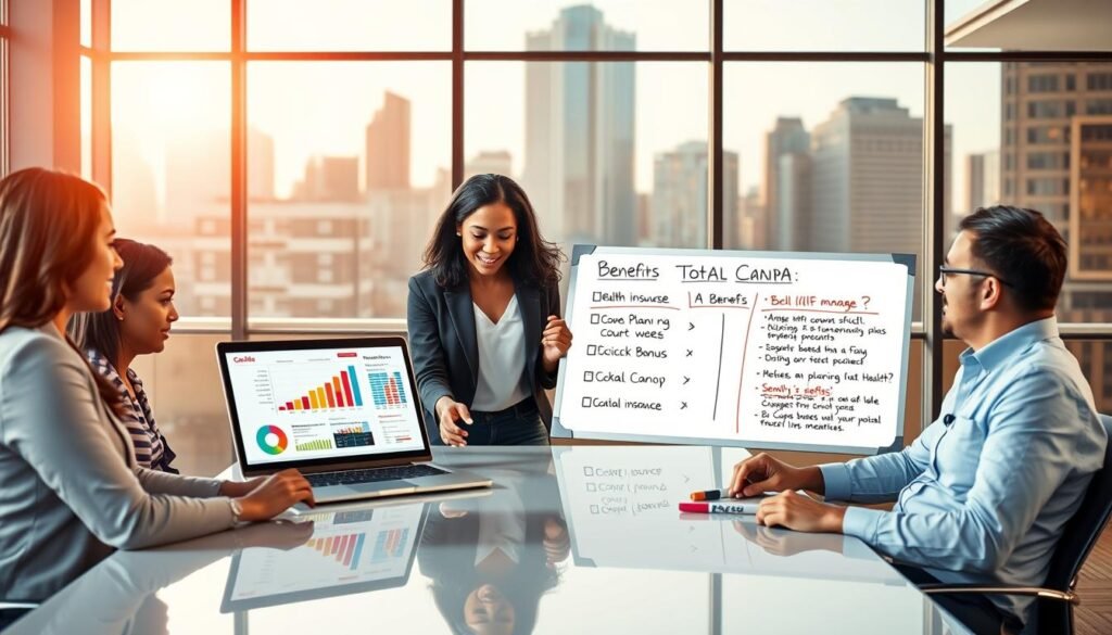 A visually engaging office scene illustrating "total compensation benefits" for Chick-fil-A managers. In the foreground, a diverse group of three business professionals of varying ethnicities sits around a sleek conference table, analyzing colorful graphs and charts on a laptop screen. They are dressed in professional attire, showcasing a collaborative atmosphere. In the middle ground, a large whiteboard displays key benefits like health insurance, 401(k) plans, and bonuses, highlighted with bright markers. In the background, a well-lit office with large windows offers a view of the city skyline, casting warm natural light into the room, creating an inviting and optimistic mood. The composition captures the importance of comprehensive compensation, emphasizing a sense of teamwork and professional growth.