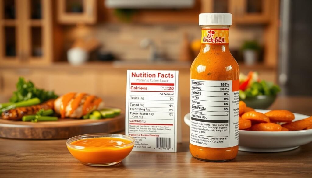 A visually striking composition showcasing a nutrition label for protein information, prominently featuring the nutrition breakdown for Chick-fil-A Buffalo Sauce. In the foreground, an artistic representation of the label with clear, colorful icons depicting protein content, fats, and calories beside a small dish of drizzled buffalo sauce. In the middle ground, an elegant wooden table with healthy food items such as grilled chicken, vegetables, and a serving of the sauce, evoking a sense of balanced nutrition. The background contains a softly blurred kitchen setting with warm lighting, hinting at a cozy, inviting atmosphere. The overall mood conveys a sense of healthy indulgence, emphasizing the flavorful yet nutritious aspects of the dish, focusing on clarity and appeal for readers.