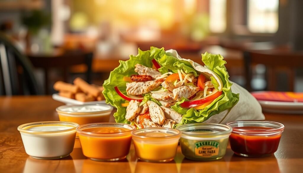 A visually striking display of various cool wrap sauce choices arranged artfully in the foreground, showcasing a variety of colorful sauces in small bowls: creamy ranch, zesty honey mustard, tangy BBQ, and vibrant vinaigrette. In the middle ground, a freshly made Chick-fil-A Cool Wrap partially unwrapped, revealing fresh, crisp lettuce, grilled chicken slices, shredded cheese, and vibrant veggies. The background includes a soft focus of a dining table setting, adorned with natural light streaming from a window, creating a warm and inviting atmosphere. The composition should have a shallow depth of field, emphasizing the sauces and the wrap as the focal point. The overall mood is fresh, healthy, and inviting, perfect for those seeking smarter ordering choices.