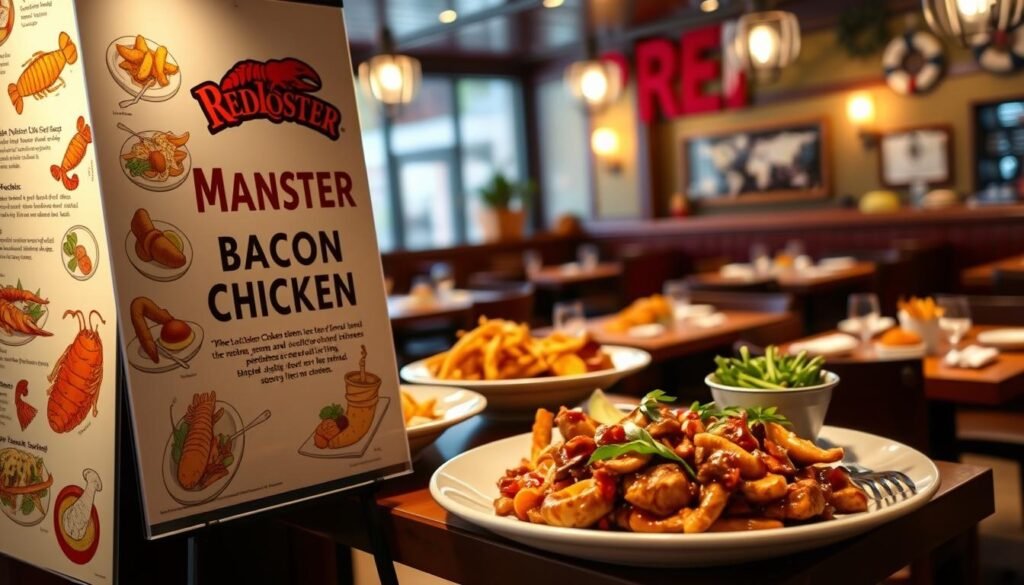 A visually striking image of a Red Lobster restaurant setting, showcasing a creatively designed menu board in the foreground that highlights the "Maple Bacon Chicken" dish. The menu board, adorned with vibrant illustrations of delectable seafood and chicken dishes, reflects the theme of continually evolving menu changes. In the middle, elegantly plated dishes of mouth-watering food are artfully arranged, glistening under warm lighting that creates an inviting atmosphere. The background features a tastefully decorated dining area with cozy wooden tables and nautical-themed decor, capturing the essence of a casual yet upscale seafood dining experience. The mood is nostalgic yet hopeful, suggesting an exploration of changing culinary trends. Use a wide-angle lens to encompass the lively ambiance, with soft bokeh to enhance the focus on the menu and food.