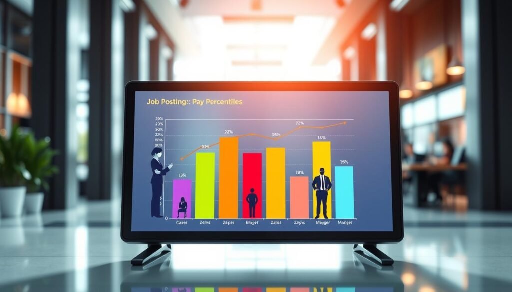 A visually striking infographic illustrating job postings pay percentiles. The foreground features a modern digital display screen showing vibrant, colorful bar graphs representing various pay percentiles for different job positions, particularly in a restaurant setting. The middle layer includes icons of job roles, such as a cashier and a manager, depicted in professional business attire, prominently positioned near the graphs. The background is a sleek office setting with a blurred effect, creating depth, enhanced by natural light streaming through large windows. The mood is informative and engaging, with a clean, professional aesthetic, suggesting a focus on growth and career development. Use a wide-angle lens effect to emphasize the scale of the data presentation.