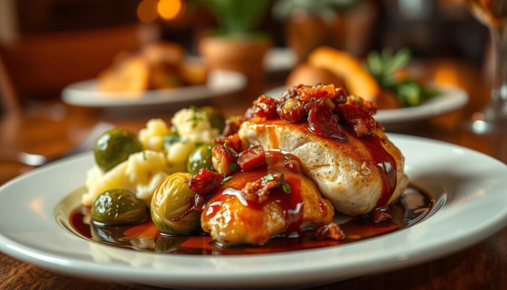 A vivid, close-up view of a beautifully plated dish featuring Red Lobster's Maple Bacon Chicken. In the foreground, showcase the succulent chicken breast glazed with a rich maple bacon sauce, garnished with crispy bacon bits and fresh herbs. Juicy side vegetables like roasted Brussels sprouts and buttery mashed potatoes are displayed, creating a colorful contrast. In the middle, include a drizzle of balsamic reduction artistically around the plate, enhancing the dish's appeal. The background features a softly blurred wooden table setting with warm, ambient light casting a cozy glow, evoking a comforting dining atmosphere. Use a shallow depth of field to emphasize the textures of the food, creating an inviting and mouth-watering scene that highlights the unique flavors of the dish.