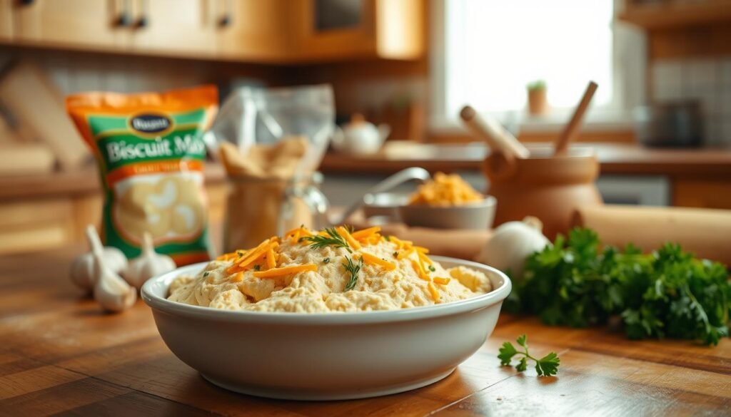 A warm and inviting kitchen scene centered around a wooden countertop where a bowl of freshly mixed cheddar biscuit dough sits. In the foreground, the dough is sprinkled with cheddar cheese and fresh herbs, invitingly textured and ready to be shaped into biscuits. The middle ground features an array of ingredients, including a small bag of biscuit mix, a measuring cup, and fresh ingredients like garlic cloves and parsley. In the background, soft, ambient lighting enhances the cozy atmosphere, with a rustic kitchen setting—wooden cabinets and warm-colored walls, perhaps a window letting in soft morning light. The image evokes the feeling of home and comfort, ideal for a cooking enthusiast.