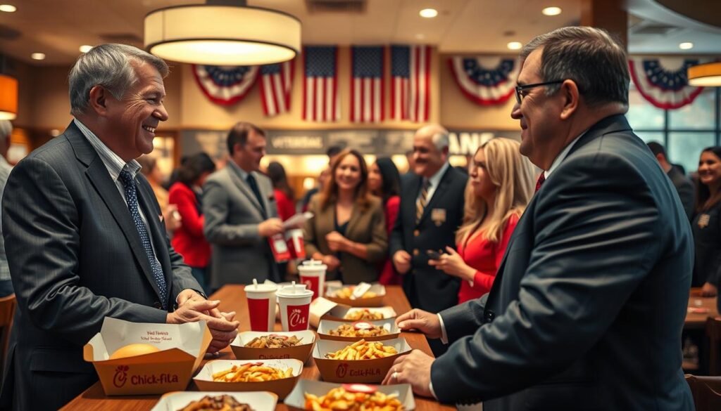 A warm and inviting scene showcasing a Chick-fil-A restaurant filled with veterans and military personnel gathering in appreciation. In the foreground, two veterans in professional business attire converse warmly, their faces expressing gratitude, surrounded by a table filled with Chick-fil-A meals. In the middle, other patrons, including families and employees in smart uniforms, celebrate together, sharing smiles and laughter. The background features a festive atmosphere with American flags and decorations honoring military service, subtly illuminated by soft, golden lighting, creating a welcoming ambiance. The scene conveys a sense of community, respect, and celebration, showcasing the company's efforts to honor veterans beyond just promotional deals. Captured with a slight depth of field to emphasize the engagement among people, the overall mood is heartwarming and inclusive. A warm and inviting scene showcasing a Chick-fil-A restaurant filled with veterans and military personnel gathering in appreciation. In the foreground, two veterans in professional business attire converse warmly, their faces expressing gratitude, surrounded by a table filled with Chick-fil-A meals. In the middle, other patrons, including families and employees in smart uniforms, celebrate together, sharing smiles and laughter. The background features a festive atmosphere with American flags and decorations honoring military service, subtly illuminated by soft, golden lighting, creating a welcoming ambiance. The scene conveys a sense of community, respect, and celebration, showcasing the company's efforts to honor veterans beyond just promotional deals. Captured with a slight depth of field to emphasize the engagement among people, the overall mood is heartwarming and inclusive.