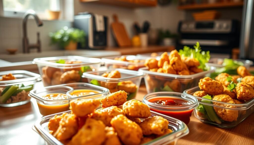 A well-organized kitchen countertop showcasing neatly stored grilled chicken nuggets in transparent containers, highlighting meal prep. In the foreground, a close-up of a portion of the grilled chicken nuggets, glistening with a light, appetizing glaze, surrounded by dipping sauces like honey mustard and barbecue. In the middle, additional containers filled with the nuggets, showing different portion sizes, organized alongside some green vegetables for a balanced meal prep. The background features soft-focus kitchen appliances and a hint of fresh herbs, emphasizing a tidy and inviting atmosphere. The kitchen is warmly lit, with sunlight streaming in from a nearby window, creating an inviting and homely feel. The camera angle is slightly above eye level, capturing the neat arrangement and delicious details of the food.
