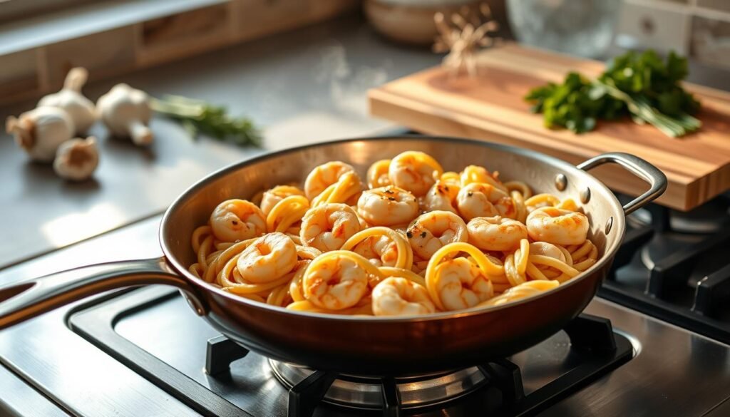 A well-used, medium skillet with a polished, slightly worn surface sits prominently on a modern gas stove. The skillet is filled with rich, creamy Shrimp Linguini Alfredo, showcasing perfectly cooked shrimp nestled among twirls of pasta, all coated in a velvety sauce. Steam gently rises from the dish, catching the soft, golden light filtering through a nearby window, enhancing the dish's inviting texture. In the background, fresh garlic and herbs are neatly arranged on a cutting board, hinting at the ingredients used to create this culinary delight. The atmosphere is warm and inviting, evoking a sense of home cooking and comfort. The image is shot from a slightly elevated angle to highlight the skillet and its contents, with a focus on clarity and vibrant colors that capture the essence of a cozy kitchen.