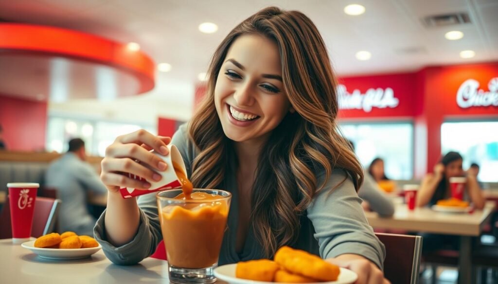 A young woman, casually dressed in a stylish yet modest outfit, is seated at a table in a vibrant Chick-fil-A restaurant. She has long, wavy brown hair and a joyful expression as she holds a container of Chick-fil-A sauce, ready to dip her golden chicken nuggets. In the foreground, the focus is on her lively interaction with the sauce, reflecting a sense of excitement. The middle background features a red and white color scheme typical of Chick-fil-A, with other customers enjoying their meals. Soft, warm lighting illuminates the scene, creating an inviting atmosphere. The entire shot is taken from a medium angle, emphasizing the action and capturing the enthusiasm of a regular Chick-fil-A experience. The mood is upbeat and cheerful, embodying a casual dining moment.