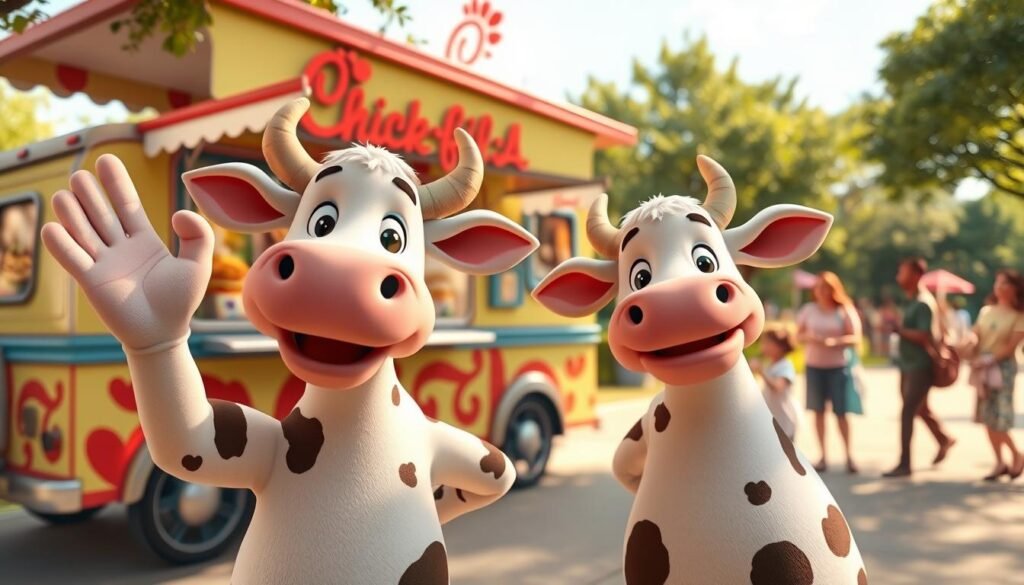 An animated version of the Chick-fil-A mascot, a friendly cow, in a vibrant setting. In the foreground, the cow is playfully waving, with an inviting smile and a slight wave. The middle ground features a colorful food truck serving delicious chicken sandwiches, surrounded by happy families enjoying their meals, dressed in casual, modest clothing. The background shows a sunny park with trees and children playing, creating an upbeat and joyful atmosphere. Utilize soft, warm lighting to evoke a sense of nostalgia and warmth, with a hint of whimsical animation style. The perspective is a dynamic slightly low-angle shot to enhance the charm of the mascot while capturing the lively scene. No text or logos present.