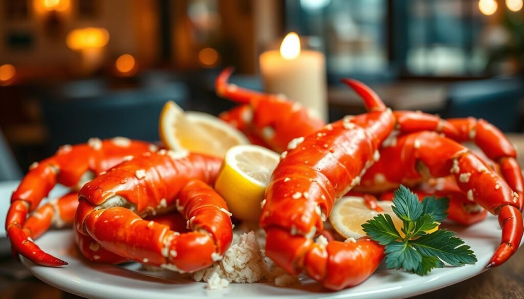 Close-up shot of vibrant, succulent snow crab legs arranged elegantly on a pristine white platter, glistening with melted butter and garnished with fresh lemon wedges and parsley sprigs. The crab legs are featured prominently in the foreground, showcasing their rich red-orange hue and bumpy texture. In the middle, a slight reflection of soft lighting creates an inviting, warm atmosphere, enhancing the deliciousness of the seafood. The background is a gentle, blurred restaurant setting with subtle hints of candlelight, creating a cozy and upscale dining experience. The composition is photographed with a shallow depth of field using a macro lens, emphasizing the crab legs as the focal point, inviting viewers to relish the feast.
