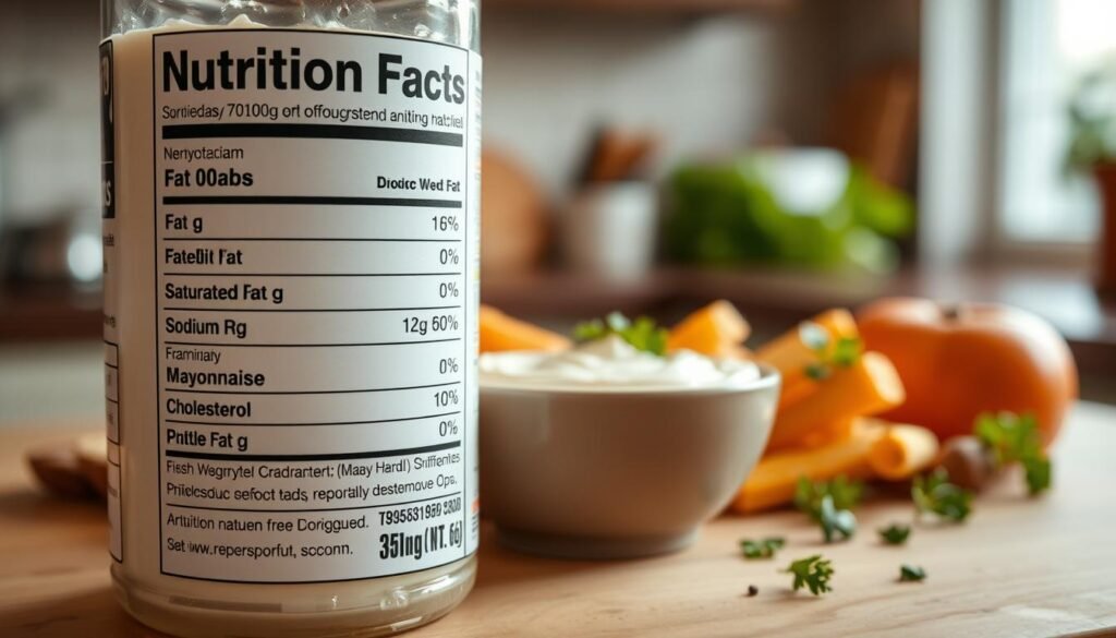 Create an illustration focusing on nutrition facts specifically highlighting fat and sodium. The foreground should feature a realistic nutrition label with detailed metrics for fat, saturated fat, cholesterol, and sodium, displayed clearly and attractively. In the middle, include visual elements like a creamy mayonnaise dip in a bowl, accompanied by fresh ingredients like herbs and spices surrounding it, emphasizing the context of a dipping sauce. The background should be a soft, blurred kitchen setting, with warm, natural lighting that enhances the inviting atmosphere of a meal preparation scene. Use a 35mm lens effect for a slight depth of field, highlighting the nutrition label and dip, while creating a cozy and informative mood.