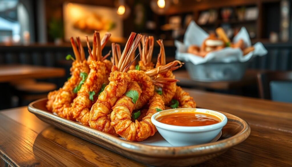 Crispy dragon shrimp beautifully plated on a rustic wooden table, showcasing golden-brown, crunchy exteriors that highlight their mouthwatering appeal. The shrimp should be arranged artistically, garnished with fresh herbs and served with a zesty dipping sauce in a small bowl nearby. The lighting is soft and warm, creating an inviting atmosphere, with a slight reflection off the sauce to enhance its texture. In the background, a blurred restaurant setting with subtle hints of other seafood dishes, enhancing the culinary theme. A close-up perspective emphasizes the shrimp’s crispy texture, while maintaining a clean presentation without any distractions. The overall mood is vibrant and appetizing, perfect for showcasing this delightful dish.