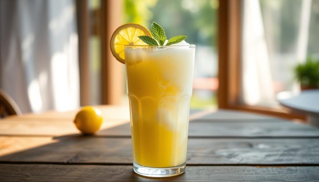 Frosted lemonade in a tall glass filled with a creamy, frosty lemon sorbet topped with a thin slice of lemon and a sprig of mint. The glass sits on a rustic wooden table, glistening with condensation, capturing the refreshing essence of the drink. In the background, a bright summer day filters through soft, diffused sunlight, accentuating the vibrant yellow hue of the lemonade and casting delicate shadows. The table is adorned with a light-colored cloth, adding an inviting atmosphere to the scene. The camera angle is slightly above eye level, focusing on the drink while blurring the background gently to create a warm, summery feeling. This vivid imagery reflects the refreshing and delightful nature of the frosted lemonade experience. Frosted lemonade in a tall glass filled with a creamy, frosty lemon sorbet topped with a thin slice of lemon and a sprig of mint. The glass sits on a rustic wooden table, glistening with condensation, capturing the refreshing essence of the drink. In the background, a bright summer day filters through soft, diffused sunlight, accentuating the vibrant yellow hue of the lemonade and casting delicate shadows. The table is adorned with a light-colored cloth, adding an inviting atmosphere to the scene. The camera angle is slightly above eye level, focusing on the drink while blurring the background gently to create a warm, summery feeling. This vivid imagery reflects the refreshing and delightful nature of the frosted lemonade experience.