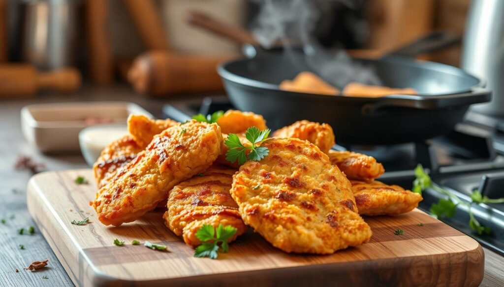 Golden-brown skillet-fried chicken strips arranged on a rustic wooden cutting board, garnished with fresh parsley. The chicken strips are crispy on the outside, juicy on the inside, showcasing texture and detail. In the background, a cast iron skillet sits on a stovetop, with steam gently wafting into the air, suggesting warmth and flavor. Soft, natural lighting illuminates the scene from the side, creating inviting shadows and highlights. A rustic kitchen setting adds cozy charm to the atmosphere, with hints of herbs and spices scattered around for an authentic touch. The angle captures the food from a slightly elevated perspective, making it enticing and appetizing. Golden-brown skillet-fried chicken strips arranged on a rustic wooden cutting board, garnished with fresh parsley. The chicken strips are crispy on the outside, juicy on the inside, showcasing texture and detail. In the background, a cast iron skillet sits on a stovetop, with steam gently wafting into the air, suggesting warmth and flavor. Soft, natural lighting illuminates the scene from the side, creating inviting shadows and highlights. A rustic kitchen setting adds cozy charm to the atmosphere, with hints of herbs and spices scattered around for an authentic touch. The angle captures the food from a slightly elevated perspective, making it enticing and appetizing.