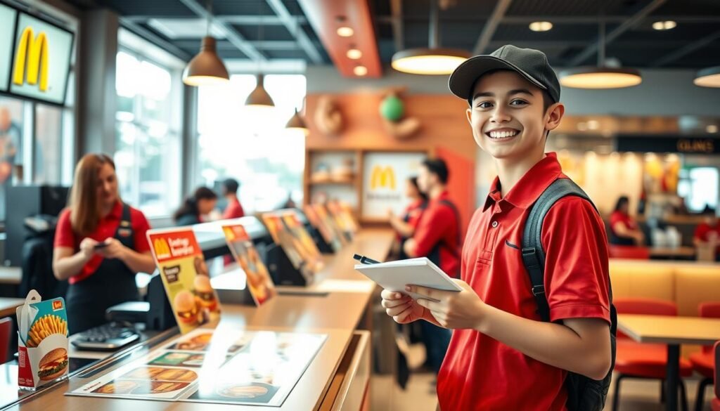 A 14-year-old teenager standing at the counter of a vibrant McDonald's restaurant, wearing a smart red polo shirt and a black cap, engaging with a smiling customer. The foreground features the teenager holding a notepad and pen, ready to take an order, embodying enthusiasm and professionalism. In the middle, there's a colorful menu display showcasing a variety of burgers and fries, with a busy cash register area. The background features other staff members in similar attire, actively serving patrons in a clean, well-lit dining area filled with playful decor. Natural light filters through large windows, creating a welcoming atmosphere that highlights the bustling environment of a popular fast-food franchise. The mood is energetic and optimistic, reflecting the excitement of youth and the responsibility of work.