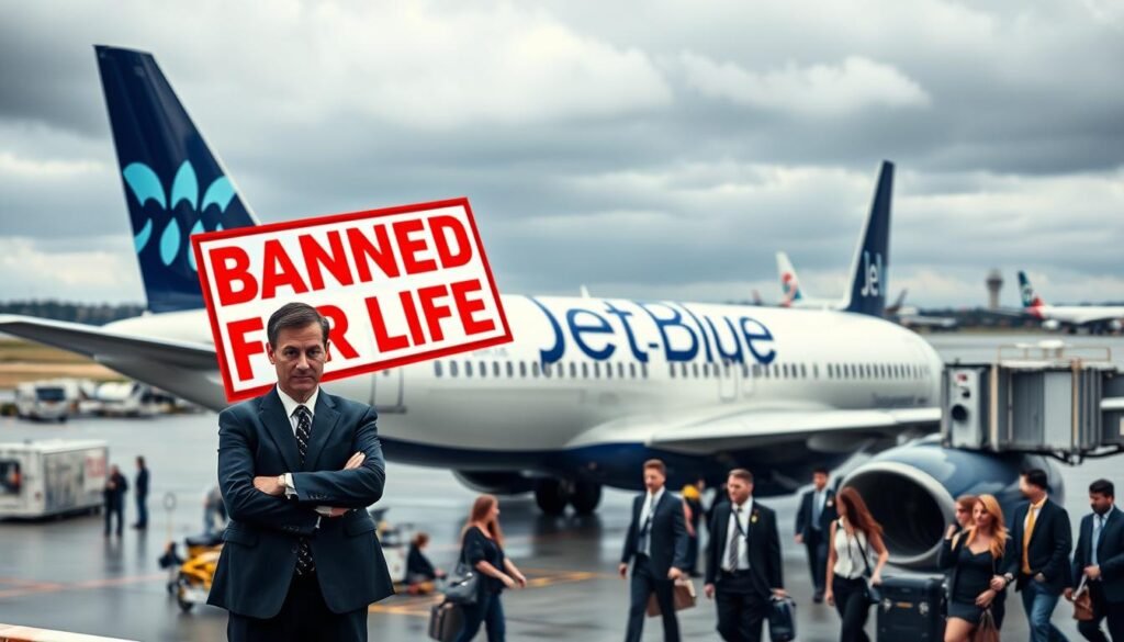A JetBlue airplane parked at an airport terminal, prominently displaying a bold "Banned for Life" sign on the side in a striking red color. In the foreground, a legally-dressed airline representative (in a sharp navy suit) stands with arms crossed, looking concerned, while holding a clipboard. The middle ground depicts an airport bustling with activity: travelers in professional attire and casual clothing moving past, some glancing at the aircraft. In the background, an overcast sky hints at tension, with distant airport control towers and other planes grounded. The scene is illuminated by moody, diffused overhead lighting, creating an atmosphere of unease and anticipation regarding the airline's consequences. The composition is shot with a slightly tilted angle, showcasing the drama of the situation effectively.
