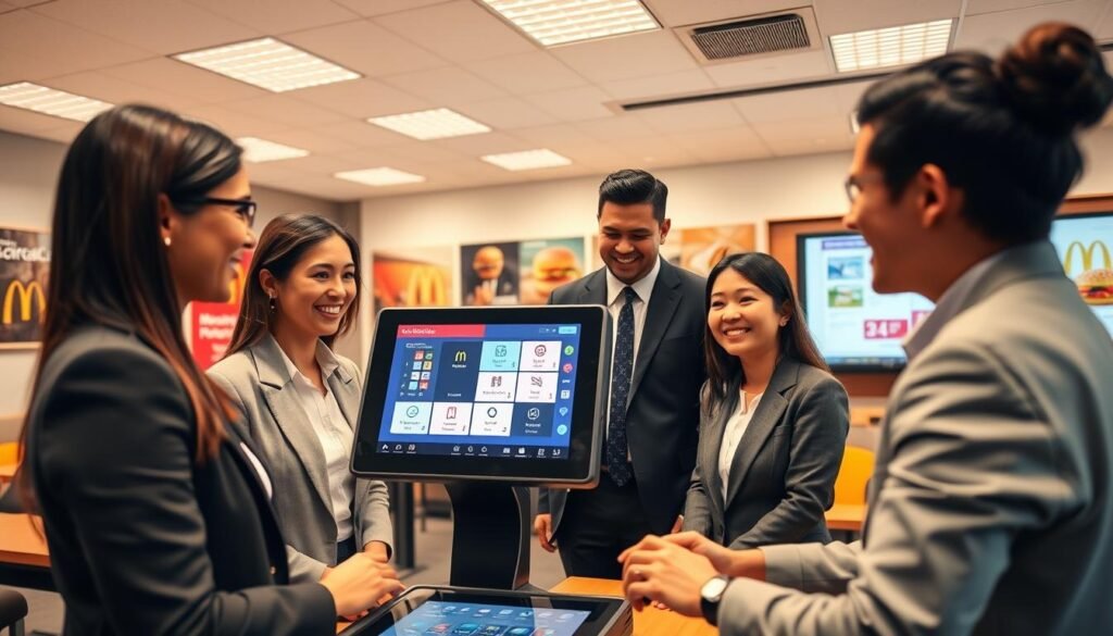A McDonald's training room featuring a modern Point of Sale (POS) simulator setup. In the foreground, a diverse group of three trainees in professional business attire are engaged with the interactive touchscreen POS system, expressing enthusiasm and curiosity. The middle layer highlights the POS system display, showcasing various options for ordering and payment processes in a colorful and user-friendly interface. In the background, a well-lit training room is equipped with McDonald's branding, including posters of menu items and a large screen displaying training materials. The atmosphere is lively and collaborative, with soft overhead lighting casting a warm, inviting glow. Capture the moment from a slightly elevated angle to encompass both the trainees and the simulator, creating an engaging and dynamic image.