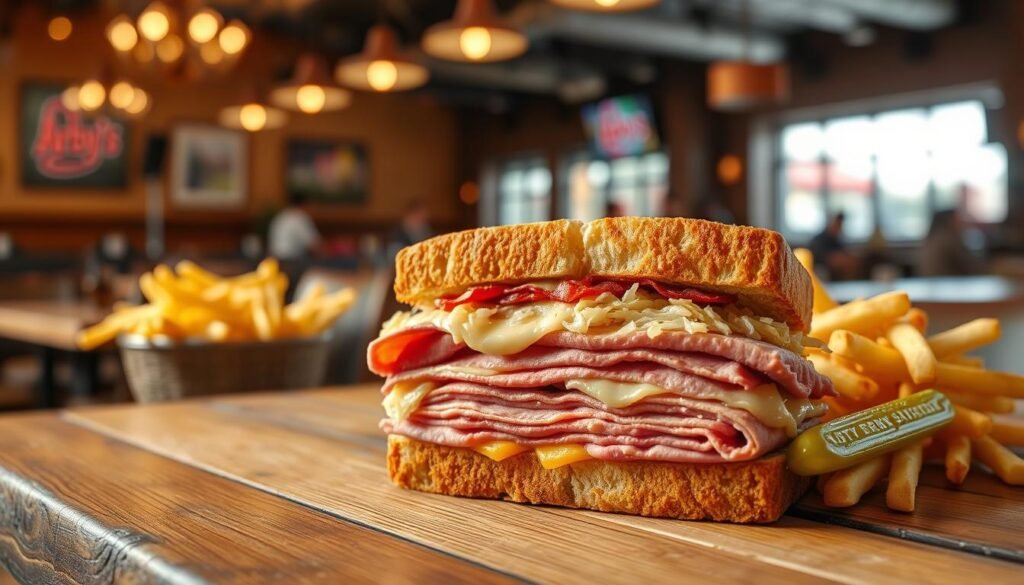 A beautifully arranged Arby's Reuben sandwich, featuring layers of tender, sliced corned beef, melted Swiss cheese, and tangy sauerkraut on fresh, toasted marbled rye bread, placed on a rustic wooden table. The sandwich is garnished with a small pickle on the side and accompanied by a serving of crispy fries. The foreground captures the delicious details of the sandwich, showcasing its textures and colors. In the middle ground, a soft-focus view of a warm, inviting restaurant ambiance with low-hanging lights and cozy seating. The background subtly hints at a busy yet welcoming dining space. Utilize natural, warm lighting to create an appetizing atmosphere, with a slight overhead angle to enhance the visual appeal of the sandwich. The mood is relatable and inviting, emphasizing convenience and value.