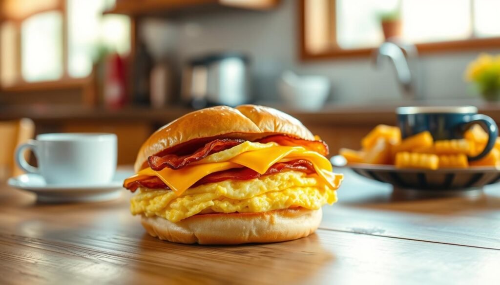 A beautifully arranged Arby's breakfast sandwich on a wooden table, showcasing layers of fluffy scrambled eggs, crispy bacon, and melted cheddar cheese nestled in a warm, toasted bun. In the foreground, a close-up of the sandwich is presented at a slight angle, capturing the glistening texture of the ingredients. The middle ground features a side of golden hash browns and a cup of freshly brewed coffee. The background has a softly blurred rustic kitchen setting, with morning light streaming in through a window, creating a warm and inviting atmosphere. The image should evoke a sense of comfort and indulgence, highlighting customization options like adding a slice of tomato or avocado to the sandwich, while maintaining a clean and appetizing presentation.