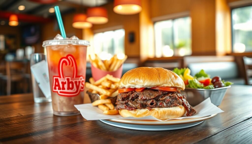 A beautifully arranged Arby’s lunch spread on a rustic wooden table, featuring a classic roast beef sandwich with an inviting glossy bun, crispy seasoned curly fries, and a refreshing side salad. In the foreground, a vibrant Arby’s drink cup with ice and a colorful straw, glistening under soft afternoon light. The middle ground showcases the lunch items presented artfully, while a blurred indoor setting of a cozy Arby’s restaurant with warm wooden accents serves as the background. The lighting is natural yet warm, creating a welcoming atmosphere that emphasizes the delicious appeal of fast food. The mood is casual and inviting, perfect for a leisurely lunch break. No human subjects are present, allowing the food to be the main focus.