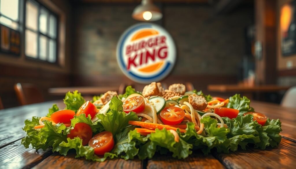 A beautifully arranged Burger King salad displayed prominently on a rustic wooden table in a softly lit environment. In the foreground, the salad is vibrant, featuring crisp green lettuce, ripe cherry tomatoes, shredded carrots, and slices of cucumbers, all glistening with a light drizzle of dressing. A few croutons are scattered on top, adding texture and warmth. In the middle ground, there is a Burger King logo subtly blurred in the background, conveying brand identity without being overpowering. The lighting is warm and inviting, suggesting a casual dining atmosphere. The angle is slightly overhead, emphasizing the salad's freshness and appealing colors. The overall mood is nostalgic yet modern, evoking a sense of longing for a once-favorite menu item.