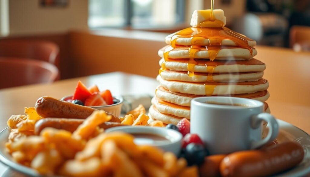 A beautifully arranged McDonald's breakfast platter featuring fluffy hotcakes stacked high, gently drizzled with golden maple syrup and accompanied by a dollop of butter melting on top. The foreground includes perfectly cooked sausages and crispy hash browns. In the middle ground, a steaming cup of coffee sits beside a small dish of fresh fruit, such as strawberries and blueberries, adding vibrant colors. The background is softly blurred, hinting at a warm, inviting diner atmosphere with soft morning light filtering through a window, creating a cozy, cheerful mood. Use a shallow depth of field for a dreamy effect, and capture this scene from a slightly elevated angle to showcase the delicious details of the breakfast platter.