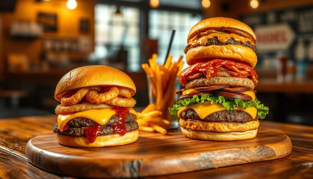 A beautifully arranged Rodeo Burger placed on a rustic wooden table, showcasing its mouthwatering layers. The foreground features the original single patty version, with a juicy beef patty topped with crispy onion rings, tangy barbecue sauce, and melted cheese, glistening under soft, warm lighting. Next to it, the double patty version stands tall, emphasizing its hearty buildup, with the same toppings stacked high. In the middle ground, there's a side of golden, crispy fries and a refreshing drink, complementing the burger's vibrant colors. The background is softly blurred, depicting a cozy fast-food restaurant interior with warm tones and subtle bokeh effects. The atmosphere should evoke a sense of indulgence and excitement around enjoying delicious fast food. The scene is shot from an overhead angle to capture all the details and textures of the burgers.
