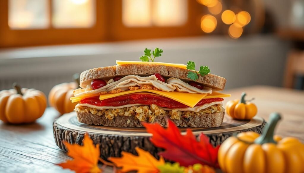 A beautifully arranged Thanksgiving sandwich on a rustic wooden platter, featuring layers of succulent turkey, cranberry sauce, stuffing, and a slice of creamy cheddar cheese. The sandwich is garnished with a sprig of fresh parsley for color. In the foreground, vibrant autumn leaves and small decorative pumpkins add a seasonal touch. The background softly blurs with warm, golden light coming from an overhead window, creating a cozy and inviting atmosphere. The scene is shot from a slightly elevated angle, capturing the sandwich's textures and vibrant colors, evoking feelings of comfort and nostalgia. This image should feel festive and appealing, perfect for highlighting a seasonal favorite.