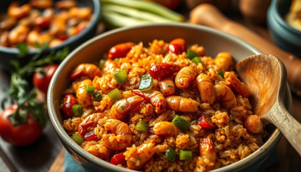 A beautifully arranged bowl of crawfish jambalaya filling, showcasing plump crawfish tails mingled with vibrant bell peppers, diced onions, and rich, aromatic spices. The foreground features a close-up view of the savory mixture, capturing the glossy, seasoned rice glistening with a hint of oil. In the middle, a wooden spoon rests alongside the bowl, adding a rustic touch. The background displays hints of Cajun-themed kitchen accessories, such as a cast-iron skillet and fresh herbs, softly blurred to create depth. Warm, ambient lighting envelops the scene, evoking a cozy and inviting atmosphere. Shot from a slightly elevated angle to give a dynamic perspective, highlighting the textures and color contrasts within the jambalaya filling.