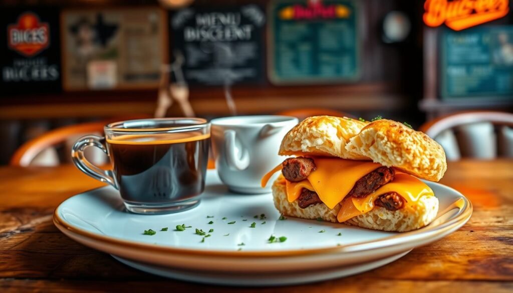A beautifully arranged breakfast plate featuring a golden-brown biscuit split in half, showcasing a fluffy interior. The biscuit is stuffed with savory sausage, egg, and melted cheddar cheese, slightly oozing out. In the foreground, a rustic wooden table adds warmth, while a sprinkle of fresh herbs garnishes the dish. In the middle, a softly steaming cup of coffee sits next to the biscuit, with its rich, dark color contrasting against the bright hues of the food. In the background, a cozy diner setting is suggested, with blurred outlines of vintage menu boards and warm lighting creating an inviting atmosphere. The image captures the essence of a hearty breakfast like those served at Buc-ee's, evoking comfort and satisfaction. Ideal lighting accentuates the biscuit's texture, and the angle is slightly overhead for a delightful presentation.