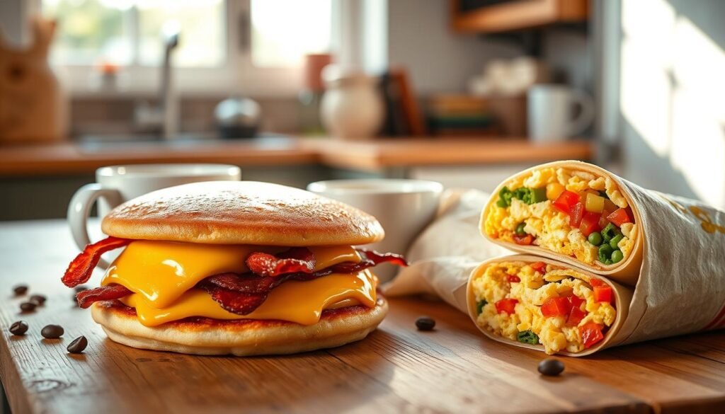 A beautifully arranged breakfast scene featuring McGriddles and breakfast burritos on a rustic wooden table. In the foreground, a McGriddle sandwich with melted cheese, crispy bacon, and fluffy pancakes, glistening under soft, natural morning light. Next to it, a colorful breakfast burrito, bursting with scrambled eggs, vibrant veggies, and salsa, partially wrapped to show its delicious filling. In the middle ground, a steaming cup of coffee, with a few scattered coffee beans, adds warmth. The background softly blurred shows a bright morning kitchen with sunbeams streaming through a window, creating an inviting and cozy atmosphere. The composition should highlight the delicious details and freshness of the food, evoking a sense of morning comfort and indulgence.