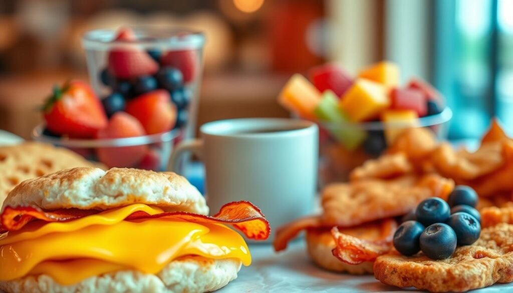 A beautifully arranged breakfast spread featuring an assortment of breakfast items indicative of a fast-food breakfast menu. In the foreground, include a steaming breakfast sandwich with fluffy eggs, crispy bacon, and melted cheese layered between a fresh biscuit. Beside it, place a crispy hash brown and a vibrant fruit cup filled with strawberries, blueberries, and melon. In the middle, showcase a cup of rich coffee in a simple white mug. The background should be softly blurred, hinting at a cozy diner setting with warm lighting evoking a welcoming morning atmosphere. Use a soft focus lens to enhance the warmth and appeal of the image, conveying the notion of comfort and satisfaction in a morning meal.