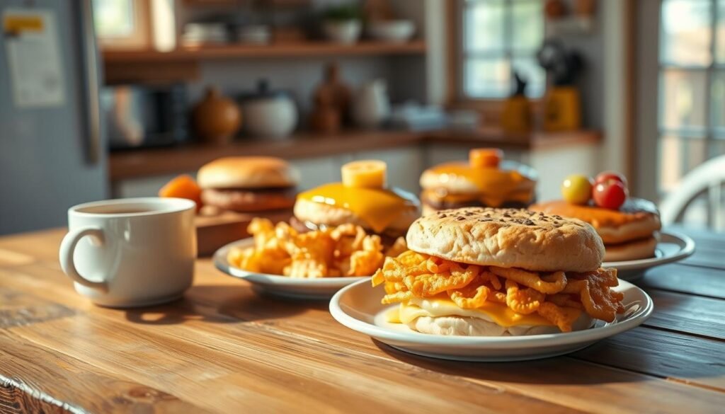 A beautifully arranged breakfast spread featuring popular McDonald's breakfast items. In the foreground, display a freshly cooked Egg McMuffin, golden hash browns, and a steaming cup of coffee, perfectly positioned on a rustic wooden table. In the middle ground, include a variety of breakfast sandwiches such as a sausage biscuit and hotcakes with syrup, artfully garnished with fresh fruit. The background should be softly blurred to reveal a cozy kitchen setting, with warm morning sunlight streaming through a window, creating a bright and inviting atmosphere. Capture the image with a slight overhead angle using natural lighting to enhance the textures and colors of the food, conveying a sense of morning savings and delightful breakfast favorites.