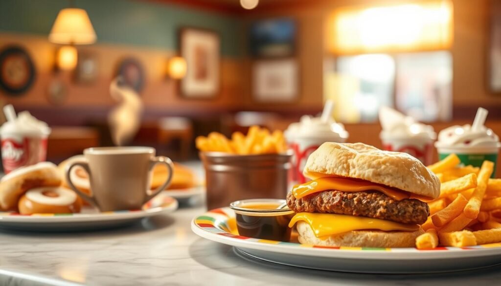 A beautifully arranged breakfast table featuring a variety of Arby's breakfast combos. In the foreground, showcase a colorful platter with a classic breakfast biscuit sandwich filled with sausage, eggs, and cheese, alongside crispy hash browns and a small cup of dipping sauce. The middle-ground includes a steaming cup of freshly brewed coffee and an assortment of side options like cinnamon rolls and yogurt parfaits. The background features a softly lit restaurant setting, with warm tones highlighting the inviting atmosphere. Utilize a shallow depth of field to focus on the food, while the soft glow of morning light streaming through the windows enhances the cozy ambiance, creating an enticing and value-driven breakfast experience.