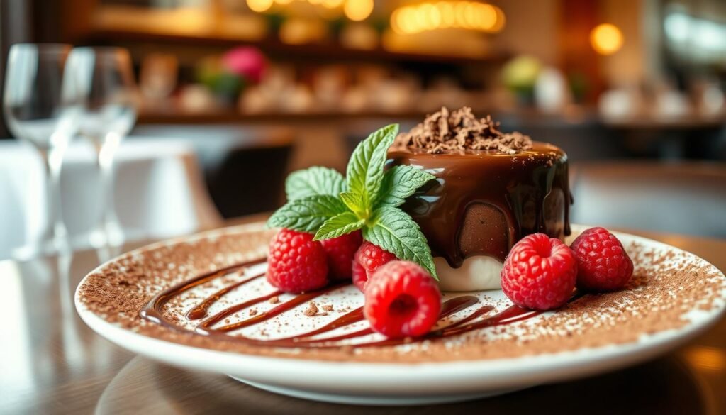 A beautifully arranged chocolate dessert featuring a rich, glossy chocolate ganache layered atop a delicate vanilla sponge cake. In the foreground, showcase an elegant dessert plate adorned with cocoa powder and chocolate shavings, with a drizzle of rich chocolate sauce creating an enticing design. In the middle, place fresh raspberries and mint leaves carefully arranged, enhancing the dish's vibrant appeal. The background softly blurs out to reveal a sophisticated restaurant setting, with warm, inviting lighting that casts a gentle glow over the dessert. Use a shallow depth of field to emphasize the dessert, giving it a mouthwatering presence. The overall atmosphere should evoke indulgence and satisfaction, celebrating sweet treats from around the world.
