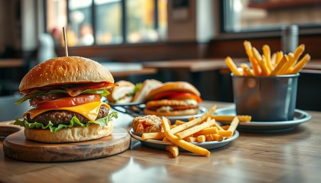 A beautifully arranged classic burger meal featuring a juicy cheeseburger with fresh lettuce and tomato, accompanied by a side of golden fries, all displayed on a simple wooden table. In the foreground, the burger sits on a rustic wooden cutting board, emphasizing its juicy patty and melted cheese. The middle ground includes a small artisanal plate displaying several freshly made sandwiches, like a classic chicken sandwich and a fish fillet sandwich. Soft natural lighting streams in from a nearby window, creating a warm and inviting atmosphere. In the background, a blurred image of a casual restaurant environment can be seen, adding context without distracting from the food. The overall mood is nostalgic and appetizing, appealing to the classic American fast-food experience.