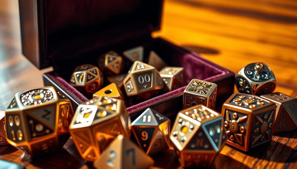 A beautifully arranged collectible metal dice set featuring intricately designed polyhedral dice in various metallic finishes, including gold, silver, and copper. The foreground showcases the dice with detailed engravings and sparkling facets, reflecting light. In the middle, a velvet-lined display case opens to reveal the vibrant colors and textures of the dice, emphasizing their collectible nature. The background softly blurred includes hints of a wooden tabletop to suggest a cozy gaming environment. Warm, ambient lighting highlights the shiny surfaces while creating shadows that add depth. The overall mood is one of luxury and excitement, appealing to tabletop game enthusiasts looking for premium collectibles. The angle captures the dice from a slight overhead view, inviting the viewer into this enchanting world of gaming treasures.
