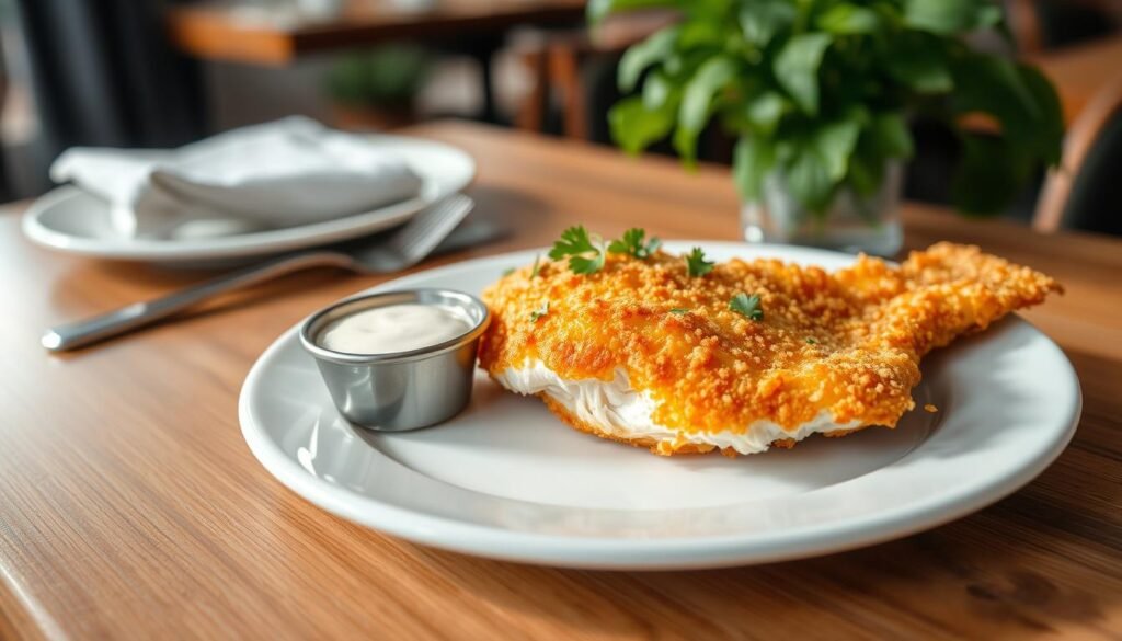 A beautifully arranged crispy fish fillet on a pristine white plate, featuring golden-brown, crunchy coating that gleams under soft, diffused natural lighting. In the foreground, the fillet is garnished with a sprinkle of fresh parsley and served alongside a small bowl of tartar sauce, enhancing the visual appeal. In the middle ground, there is a wooden table setting, with a fork and knife elegantly positioned beside the plate. The background is softly blurred, hinting at a casual dining atmosphere, with a blurred hint of greenery from plants or subtle restaurant decor, creating a warm and inviting mood. The image captures the quality and freshness of the fish, with an inviting and delicious presentation perfect for a culinary exploration.